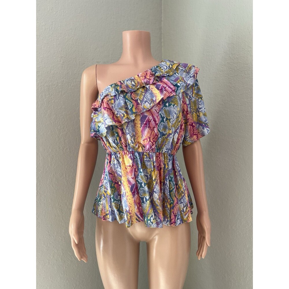 SAVANNA JANE RUFFLE Blouse Women Medium Multicolor SNAKE PRINT Off Shoulder #163